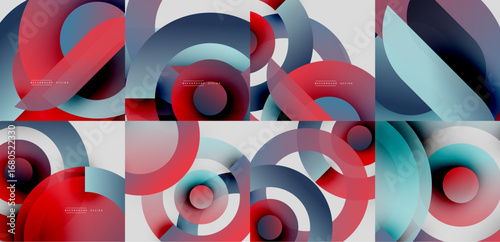 Abstract geometric patterns. Overlapping circles create vibrant color gradients. Modern design elements suggest fluidity, motion, depth.