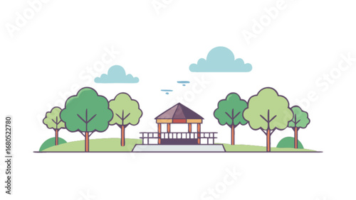 Gazebo in park vector illustration landscape with trees and clouds simple outdoor scene for graphic design
