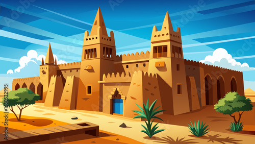 Djenné Great Mosque, Mali, dominates with massive adobe walls, wooden beams, and a spacious courtyard. Blue sky contrast; semi-realistic flat vector focusing on bold texture and symmetrical façade.
