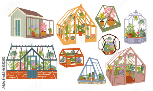Greenhouse garden set. Plants indoor at day and night. Care about plants. Botany and floristry, gardening. Glasses buildings for sprouts. Cartoon flat vector collection isolated on white background