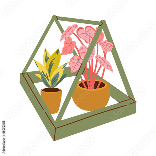 Greenhouse garden . Plants indoor at day and night. Care about plants. Botany and floristry, gardening. Glasses buildings for sprouts. Cartoon flat vector collection isolated on white background
