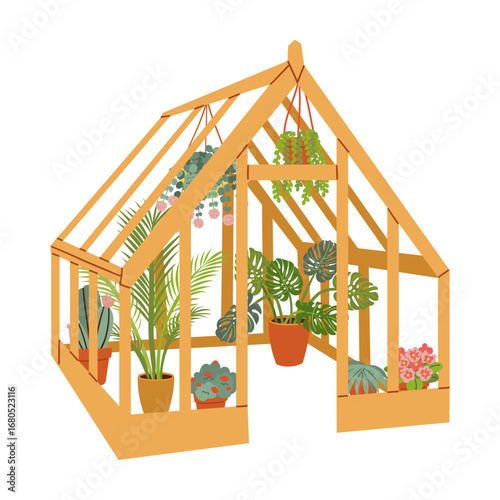 Greenhouse garden . Plants indoor at day and night. Care about plants. Botany and floristry, gardening. Glasses buildings for sprouts. Cartoon flat vector collection isolated on white background