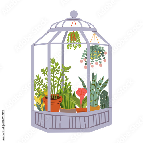 Greenhouse garden . Plants indoor at day and night. Care about plants. Botany and floristry, gardening. Glasses buildings for sprouts. Cartoon flat vector collection isolated on white background