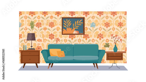 Vintage living room interior design with floral wallpaper and retro furniture decor style ideas