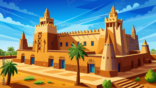 Djenné Great Mosque, Mali, dominates with massive adobe walls, wooden beams, and a spacious courtyard. Blue sky contrast; semi-realistic flat vector focusing on bold texture and symmetrical façade.