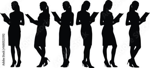 Silhouette of a professional woman reading a book or document in various poses, representing focus, business, and knowledge.