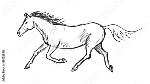 Running horse sketch drawing vector illustration of equine animal in motion for graphic design projects