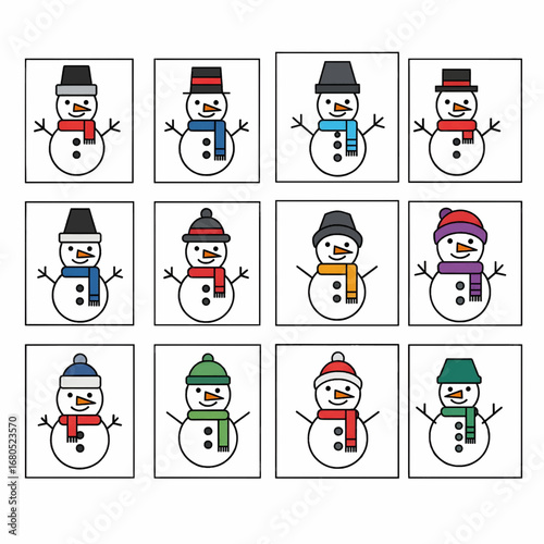 Vector pack of flat minimal snowman icons with carrot nose, scarf, and hat. Clean modern design for apps, infographics, and winter projects.