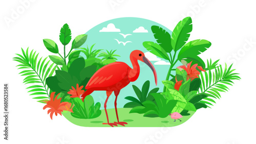 Scarlet ibis bird in tropical jungle illustration vector design for nature and wildlife enthusiasts art print