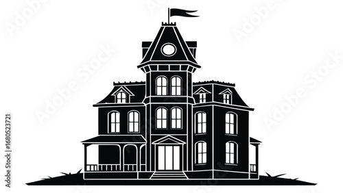 Black Silhouette of a Victorian Haunted House with Flag on Tower mansion gothic