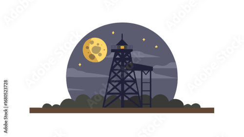 Night landscape with oil derrick and moon vector illustration tower silhouette drilling rig industry equipment