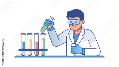 Scientist working in lab with test tubes conducting scientific research and experiment in laboratory setting