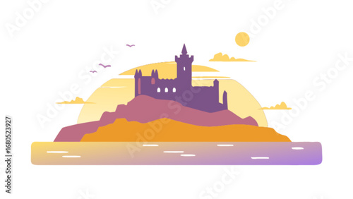 Castle illustration landscape vector design with sunset view and birds flying in the sky drawing art