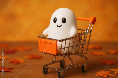 Halloween ecommerce sale. Cute ghost in a shopping cart surrounded by autumn leaves, perfect for Halloween themes.