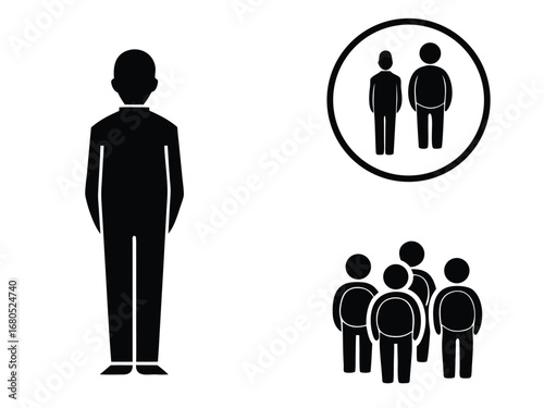 Collection Of Black Silhouette Icons Showing A Single Person And Groups Of People vector illustration