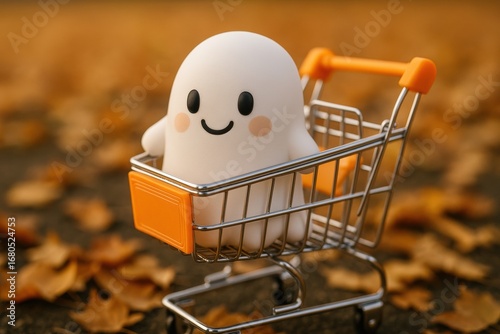 Halloween ecommerce sale. Cute ghost in a shopping cart surrounded by autumn leaves, perfect for Halloween themes.