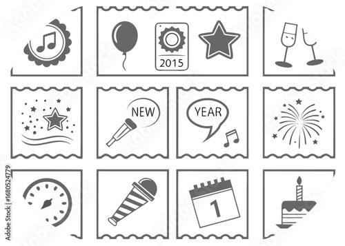 Collection of New Year 2015 Celebration Icons in a Grid Format symbols