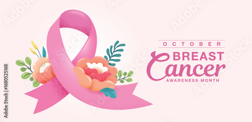 Breast cancer awareness month poster design with pink ribbon and flowers

