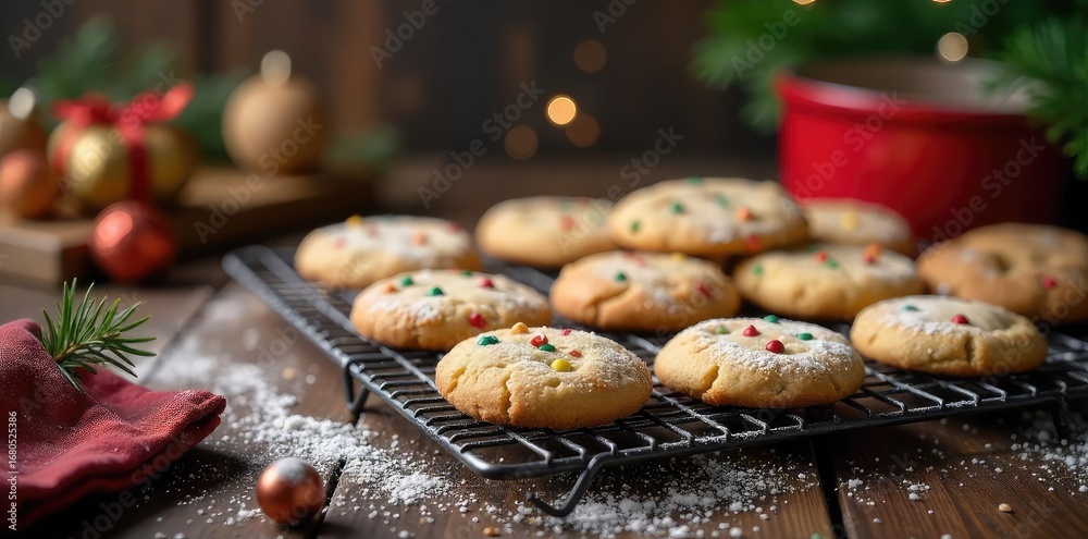 custom made wallpaper toronto digitalA cozy kitchen scene featuring freshly baked Christmas cookies cooling on a wire rack, surrounded by festive ingredients and decorations , oven, food