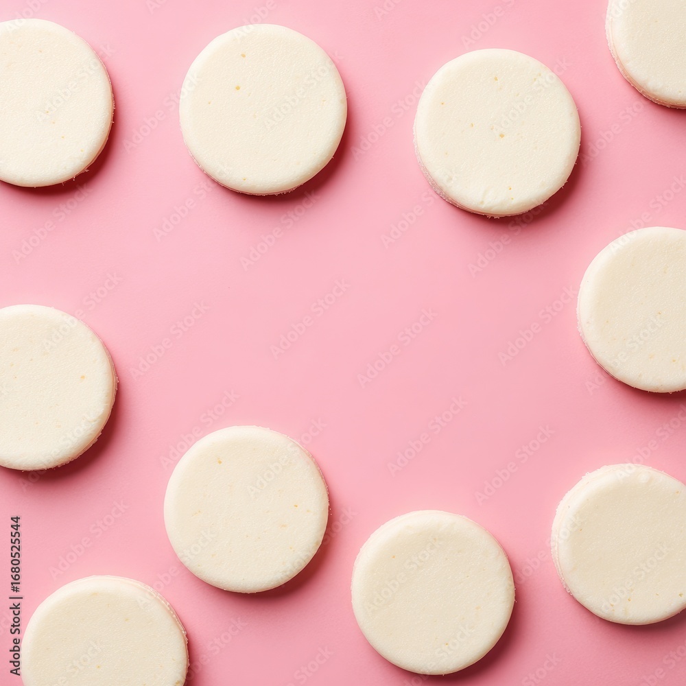 Fototapeta premium Pale-yellow circles on pink background