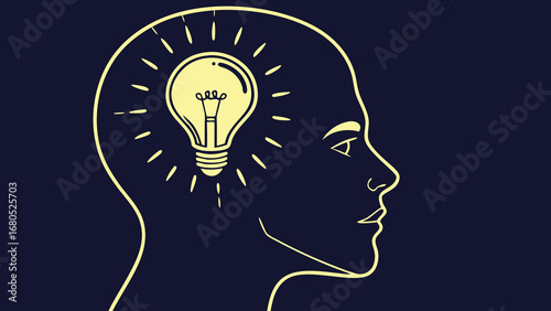 Bright Idea Concept: Human Head Profile with Glowing Light Bulb Symbolizing Creativity, Innovation, and Problem Solving on Dark Background