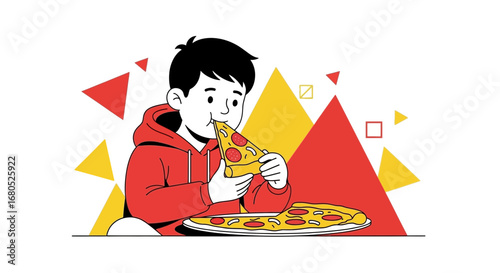 A Youngster Delightedly Consumes A Slice Of Pizza In A Colorful Illustrated Design