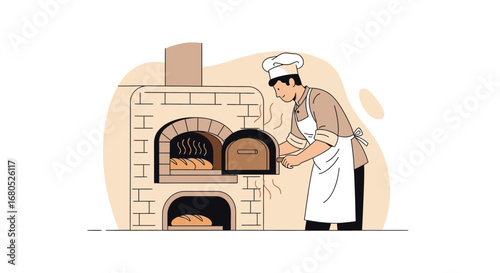 Artistic Baker Preparing Culinary Delights In Wood Fired Oven, Crafting Fresh Loaves