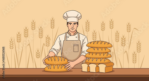Artistic Baker Presenting Freshly Baked Loaves in a Rustic and Wholesome Bakery