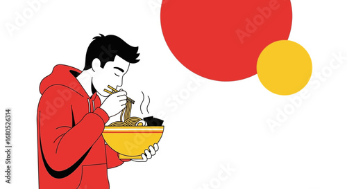 Asian Cuisine Enthusiasm with Animated Figure Enjoying Delicious Ramen Noodles