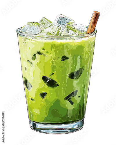 Iced Matcha Latte with Cinnamon Stick - Vector Illustration, isolated with transparent background