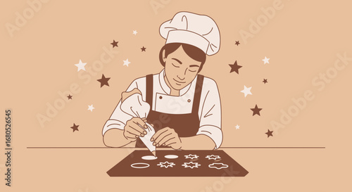 Baker Decorating Cookies With Icing in Front of Decorated Stars Illustration