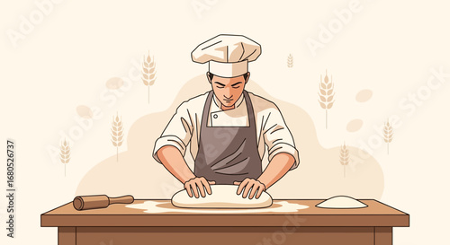 Baker Kneading Bread Dough at a Wooden Table with Fresh Wheat Grain Background