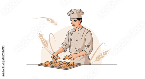 Baker Placing Fresh Croissants on a Tray, Illustrating a Scene of Culinary Craft