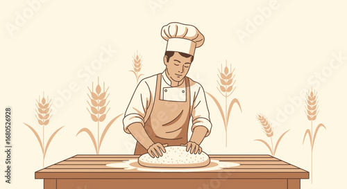 Baker Shaping Dough With Wheat Background Illustrating Culinary Craftsmanship Skillfully