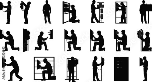 Silhouette electrician working on electrical panel, utility worker repairing circuit board, technician installing wiring, maintenance engineer checking fuse box, safety equipment repair