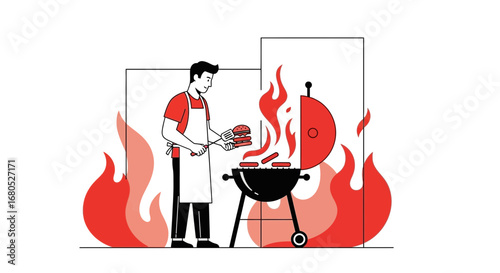 Barbecue Time: A Graphic Illustration of a Chef Preparing Food on a Burning Grill