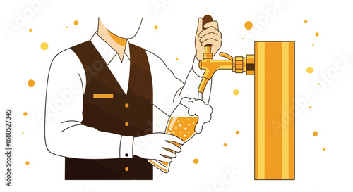 Bartender Pouring Craft Beer From Tap Into Clear Glass, Brewing And Hospitality Illustration