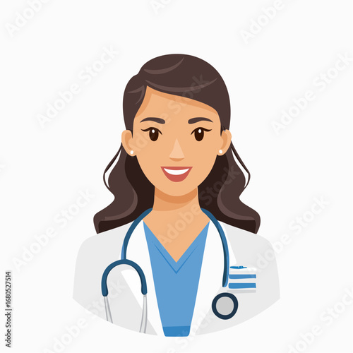 A confident female doctor with a stethoscope smiles in her white coat