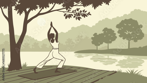 Tranquil Outdoor Yoga: Woman in Warrior I Pose by a Lake, Embracing Nature's Serenity and Wellness Illustration