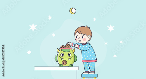 Charming Child Sharing Sweet Treats With Friendly Cartoon Cookie Monster