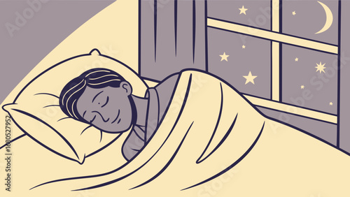 Restful Night's Sleep: Serene Person Sleeping Peacefully in Bed with Starry Window View, Promoting Relaxation and Wellness