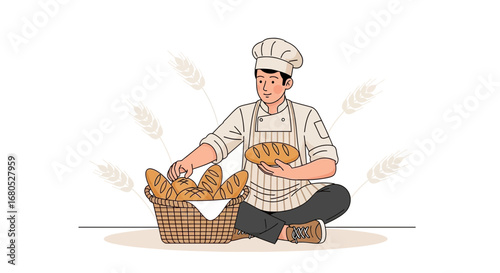 Cheerful Baker Arranging Freshly Baked Bread in a Wicker Basket, Delicious Bakery Concept