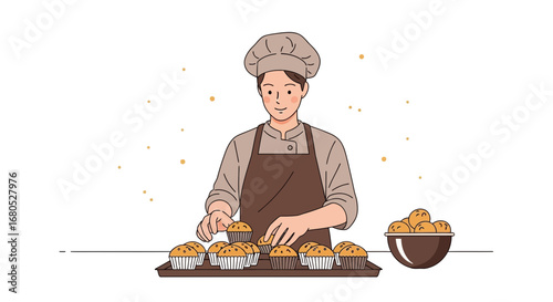 Cheerful Baker Baking, Preparing Fresh, Artisan Muffins in a Bright, Minimalist Kitchen