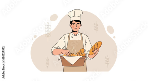 Cheerful Baker Displaying Freshly Baked Artisan Bread in a Bakery Setting Illustration