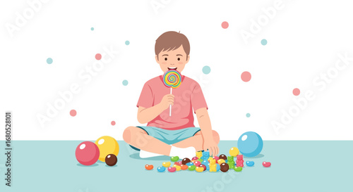 Cheerful Boy Savouring Colorful Lollipop Amongst Assortment of Sweets and Playful Balls