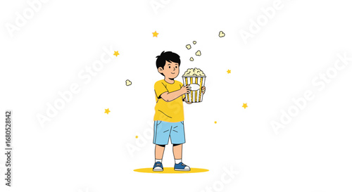 Cheerful Child Holding Huge Popcorn Carton Enjoying Movie Night, Having Fun and Excitement