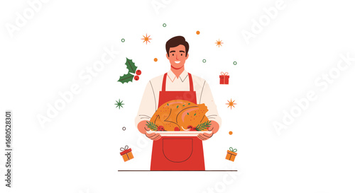 Cheerful Person Presents Roasted Meal During Festive Celebration with Decorations