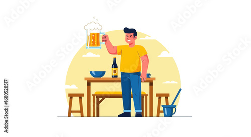 Cheers, A Man Celebrating Holding A Beer Mug Enjoying A Social Gathering Outdoors