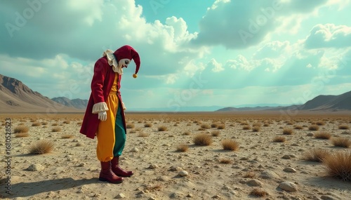 A lone jester figure stands in a desolate, barren landscape, head bowed, signifying isolation and folly , folly, outcast