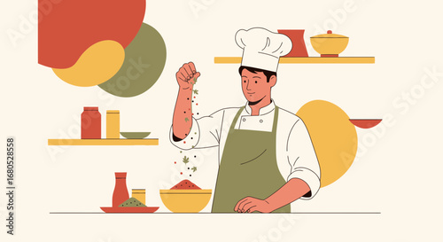 Chef Adding Spices In The Kitchen, Cooking Food Illustration, Culinary Arts Concept Design